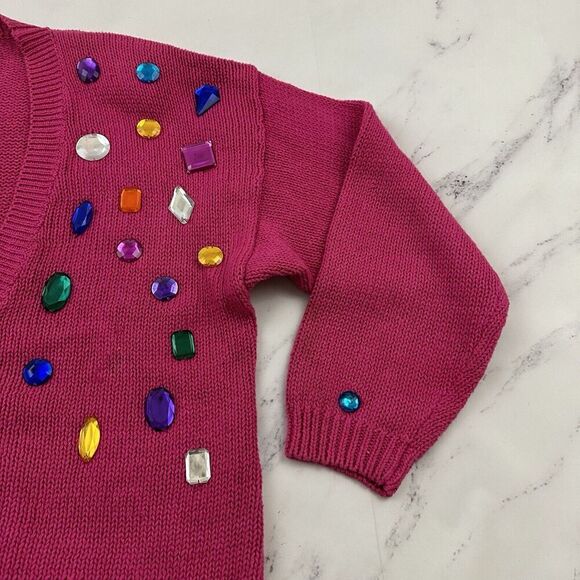 Victoria Jones Womens Vintage 80s Chunky Cardigan Sweater Size M Pink Gems - Picture 3 of 13